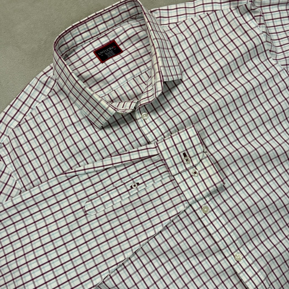 UNTUCKit Shirt Men's 2XL White Wrinkle Free Long Sleeve‎ Checkered Button Down